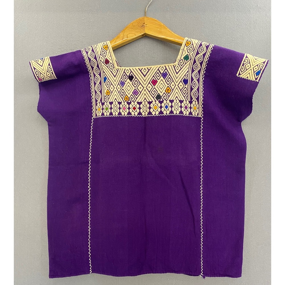 Handmade Mexican Huipil Purple Embroidered Geometric Boho Top Square Neck